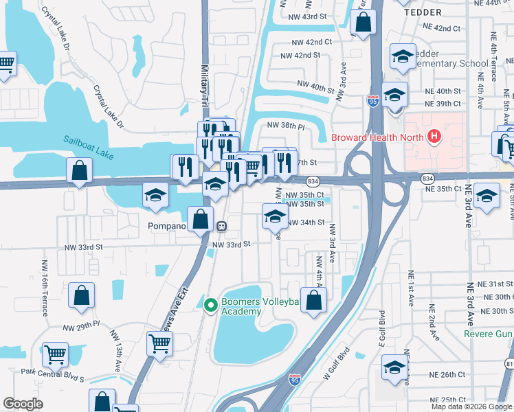 map of restaurants, bars, coffee shops, grocery stores, and more near 3550 Northwest 8th Avenue in Pompano Beach
