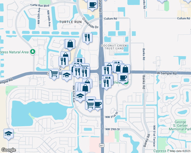 map of restaurants, bars, coffee shops, grocery stores, and more near 5920 West Sample Road in Coral Springs