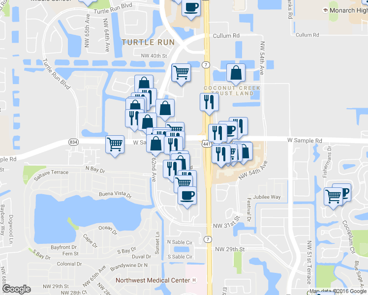 map of restaurants, bars, coffee shops, grocery stores, and more near 5920 West Sample Road in Coral Springs