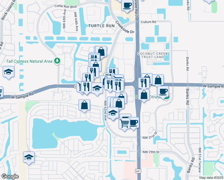 map of restaurants, bars, coffee shops, grocery stores, and more near in Coral Springs