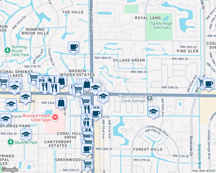 map of restaurants, bars, coffee shops, grocery stores, and more near 3535 Broken Woods Drive in Coral Springs