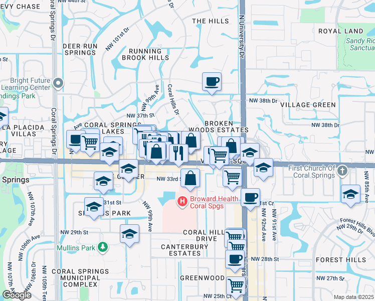 map of restaurants, bars, coffee shops, grocery stores, and more near 9606 Northwest 35th Court in Coral Springs
