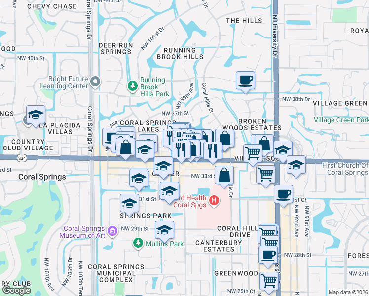 map of restaurants, bars, coffee shops, grocery stores, and more near 3521 Northwest 99th Avenue in Coral Springs