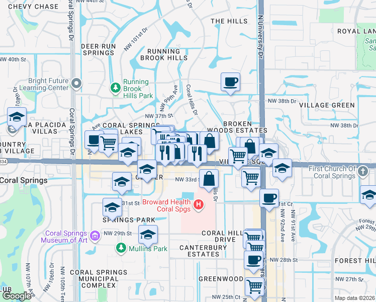 map of restaurants, bars, coffee shops, grocery stores, and more near 9748 Northwest 35th Street in Coral Springs