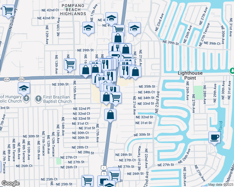 map of restaurants, bars, coffee shops, grocery stores, and more near 3500 U.S. 1 in Lighthouse Point