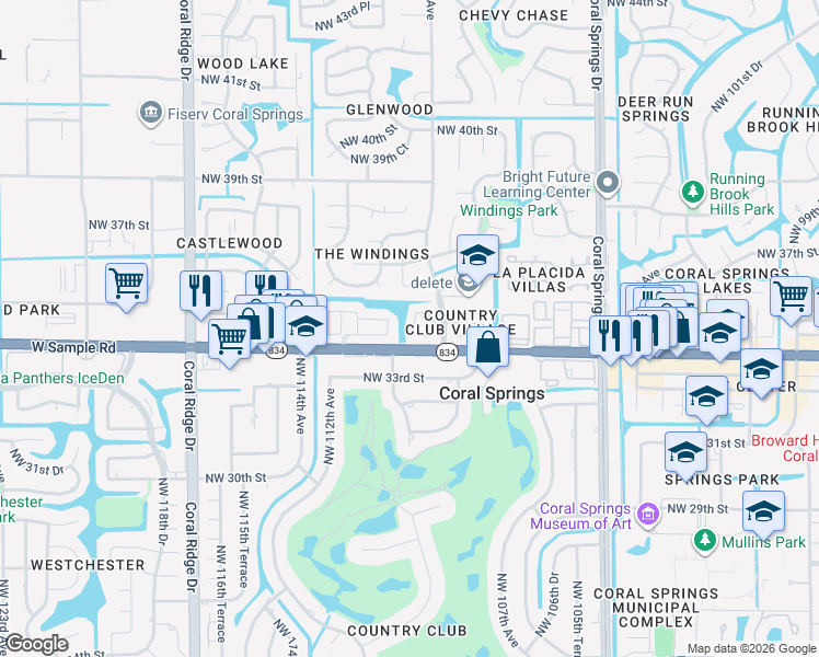 map of restaurants, bars, coffee shops, grocery stores, and more near 3462 Northwest 110th Way in Coral Springs