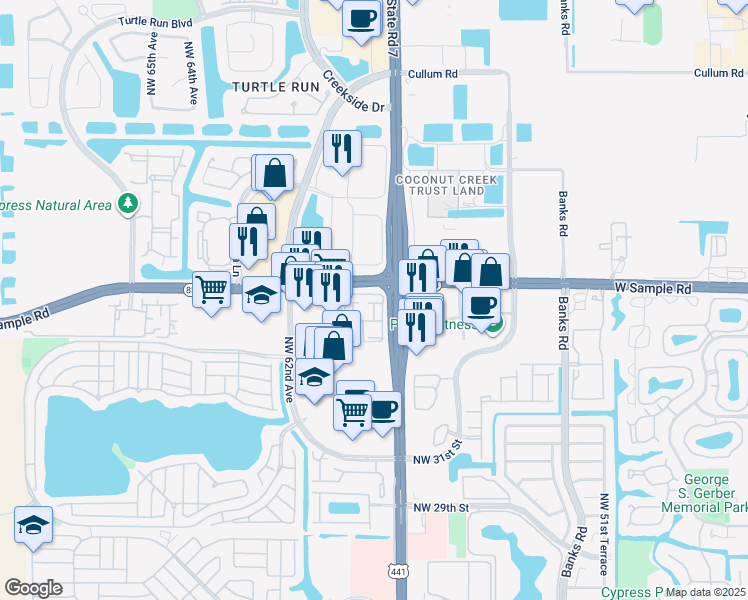map of restaurants, bars, coffee shops, grocery stores, and more near 5920 West Sample Road in Coral Springs