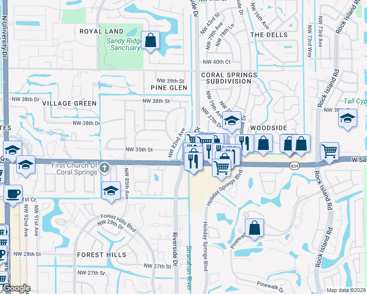 map of restaurants, bars, coffee shops, grocery stores, and more near 3505 Northwest 82nd Avenue in Coral Springs