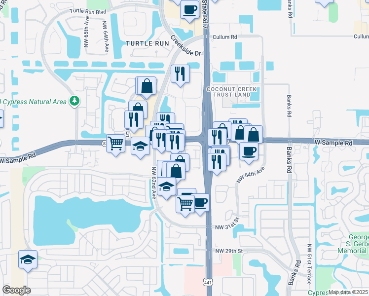 map of restaurants, bars, coffee shops, grocery stores, and more near 5920 West Sample Road in Coral Springs