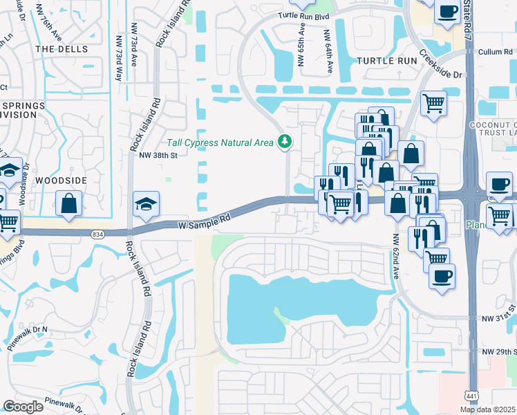 map of restaurants, bars, coffee shops, grocery stores, and more near 6321-6943 West Sample Road in Coral Springs