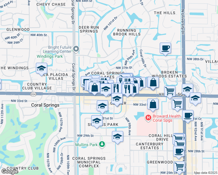 map of restaurants, bars, coffee shops, grocery stores, and more near 10071 Northwest 35th Street in Coral Springs