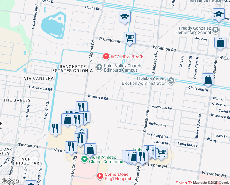 map of restaurants, bars, coffee shops, grocery stores, and more near 2415 West Wisconsin Road in Edinburg