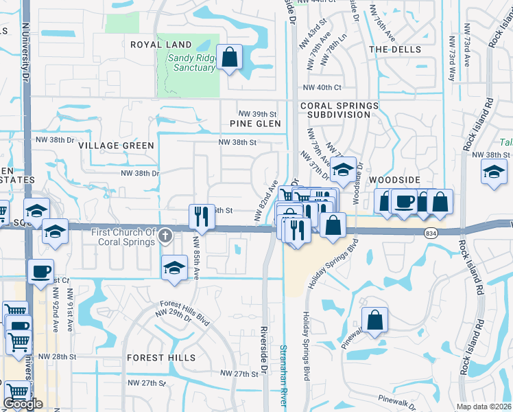 map of restaurants, bars, coffee shops, grocery stores, and more near 8205 Northwest 35th Street in Coral Springs
