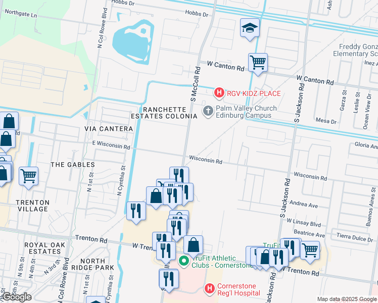 map of restaurants, bars, coffee shops, grocery stores, and more near 2818 West Wisconsin Road in Edinburg
