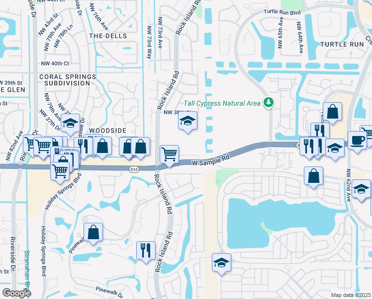 map of restaurants, bars, coffee shops, grocery stores, and more near 7201 West Sample Road in Coral Springs