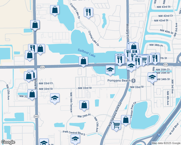 map of restaurants, bars, coffee shops, grocery stores, and more near 3400 Blue Lake Drive in Pompano Beach