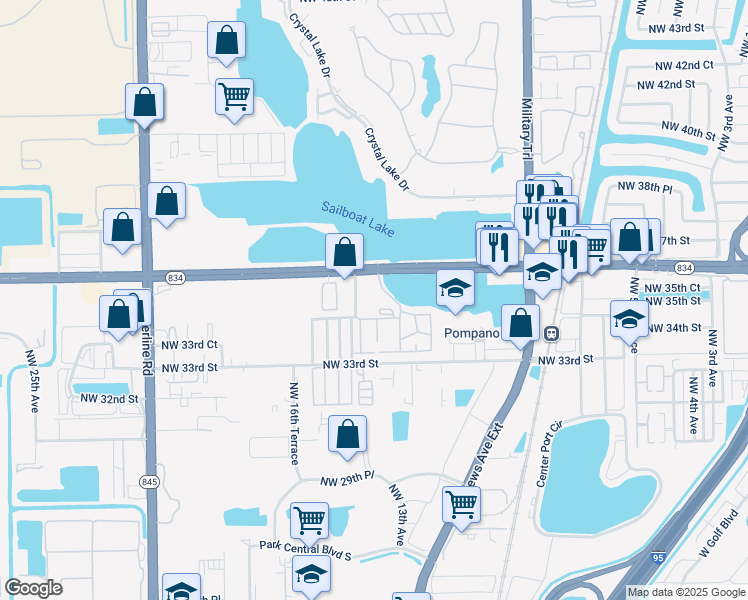 map of restaurants, bars, coffee shops, grocery stores, and more near 3400 Blue Lake Drive in Pompano Beach