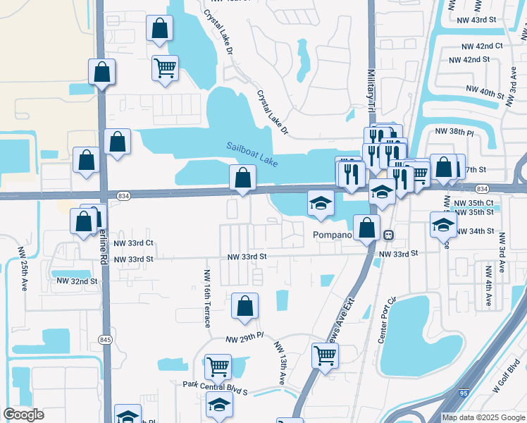 map of restaurants, bars, coffee shops, grocery stores, and more near 3590 Blue Lake Drive in Pompano Beach