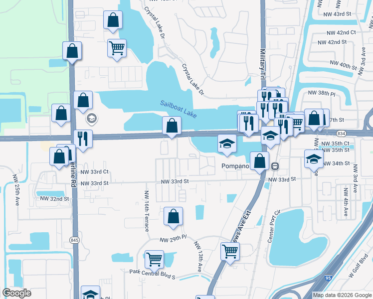 map of restaurants, bars, coffee shops, grocery stores, and more near 3400 Blue Lake Drive in Pompano Beach
