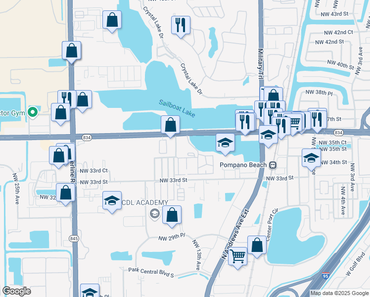 map of restaurants, bars, coffee shops, grocery stores, and more near 3400 Blue Lake Drive in Pompano Beach