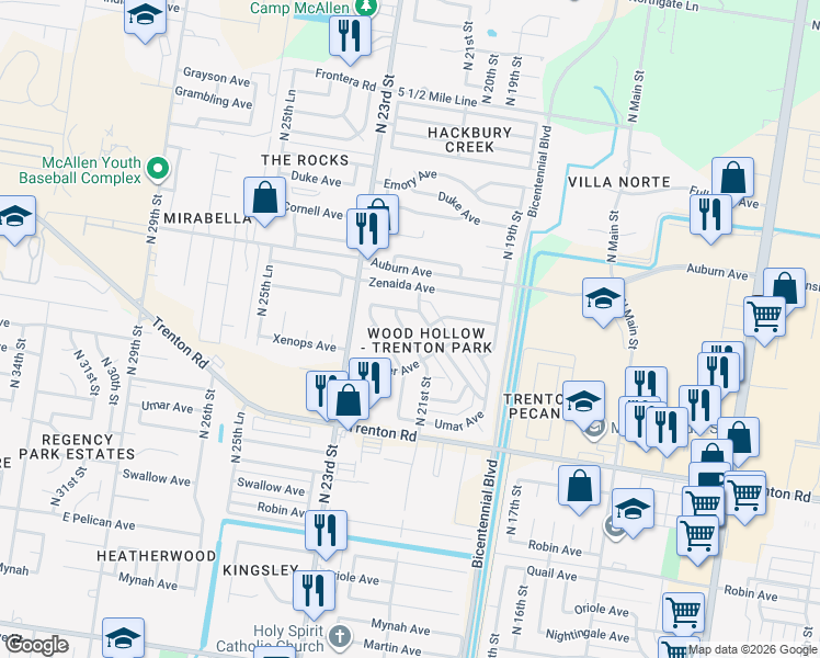 map of restaurants, bars, coffee shops, grocery stores, and more near 7616 North 21st Street in McAllen