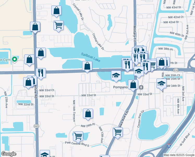 map of restaurants, bars, coffee shops, grocery stores, and more near 3400 Blue Lake Drive in Pompano Beach