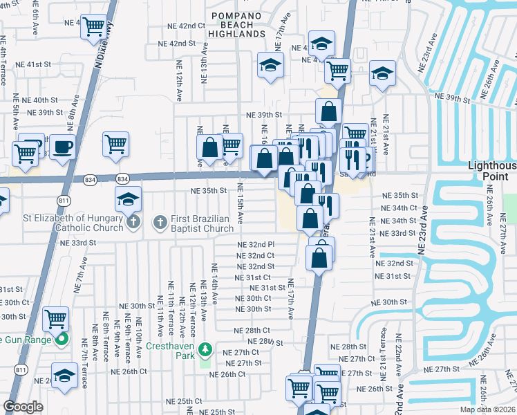 map of restaurants, bars, coffee shops, grocery stores, and more near 1611 Northeast 34th Court in Pompano Beach