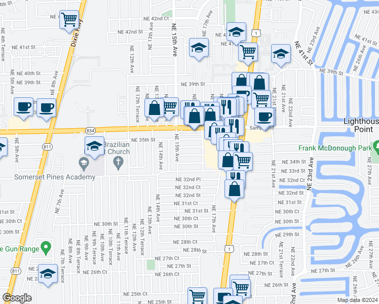 map of restaurants, bars, coffee shops, grocery stores, and more near 1611 Northeast 34th Court in Pompano Beach