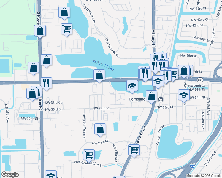 map of restaurants, bars, coffee shops, grocery stores, and more near 3400 Blue Lake Drive in Pompano Beach
