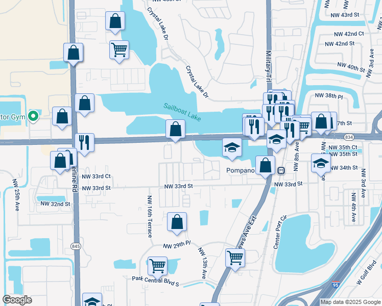map of restaurants, bars, coffee shops, grocery stores, and more near 3400 Blue Lake Drive in Pompano Beach