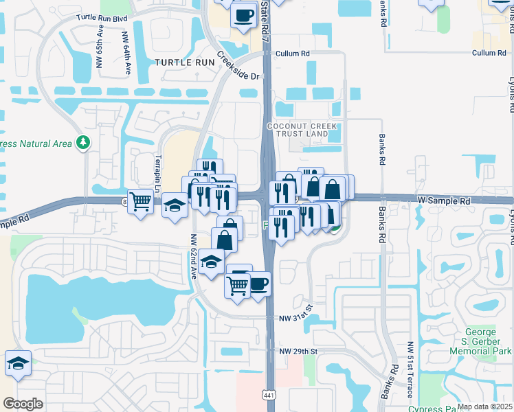 map of restaurants, bars, coffee shops, grocery stores, and more near 5718-5742 West Sample Road in Pompano Beach