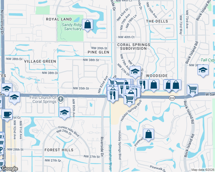 map of restaurants, bars, coffee shops, grocery stores, and more near 3505 Northwest 82nd Avenue in Coral Springs