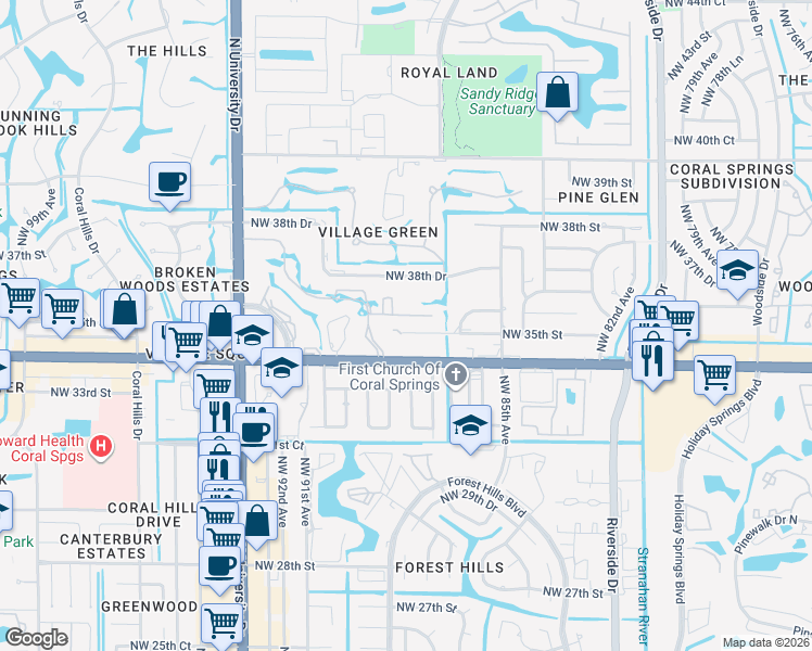 map of restaurants, bars, coffee shops, grocery stores, and more near 3521 Northwest 88th Drive in Coral Springs