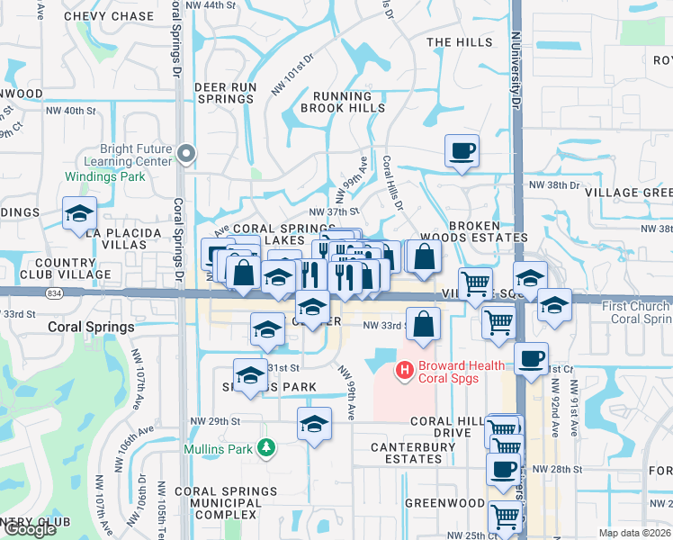 map of restaurants, bars, coffee shops, grocery stores, and more near 3560 Northwest 99th Avenue in Coral Springs