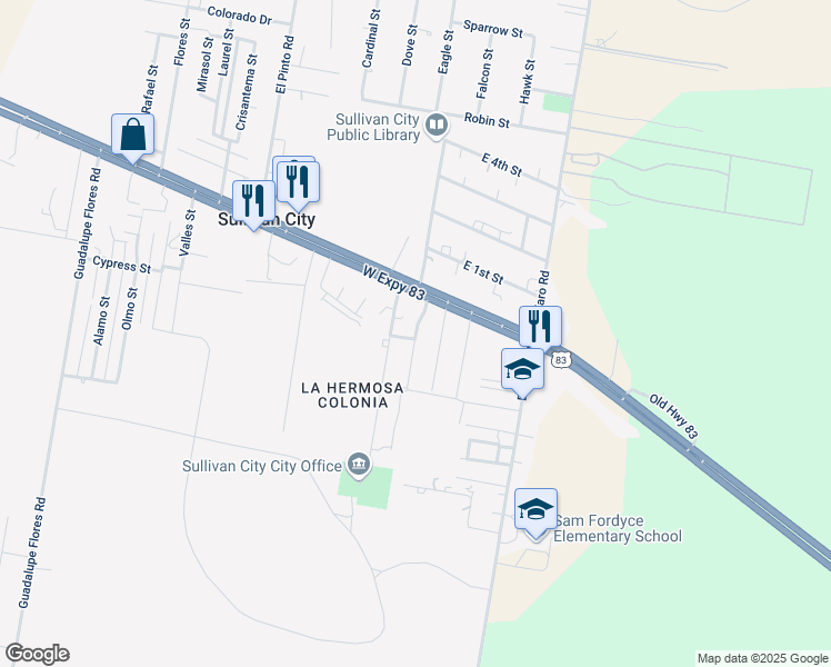 map of restaurants, bars, coffee shops, grocery stores, and more near 107 Ebano Street in Sullivan City
