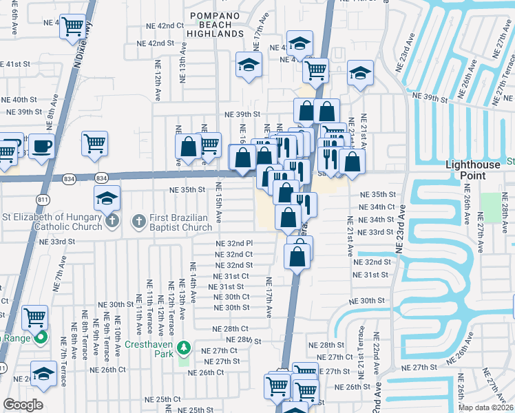 map of restaurants, bars, coffee shops, grocery stores, and more near 3400 Northeast 16th Terrace in Pompano Beach