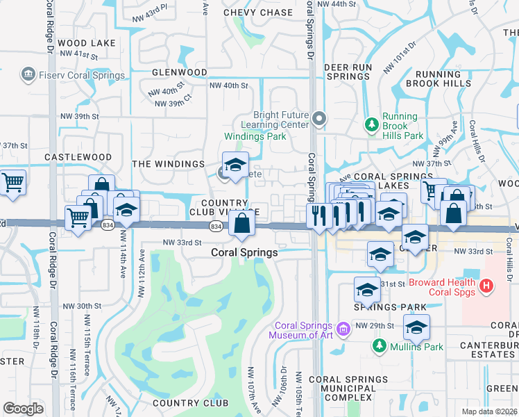 map of restaurants, bars, coffee shops, grocery stores, and more near 10777 West Sample Road in Coral Springs