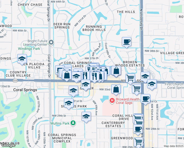 map of restaurants, bars, coffee shops, grocery stores, and more near 3560 Northwest 99th Avenue in Coral Springs
