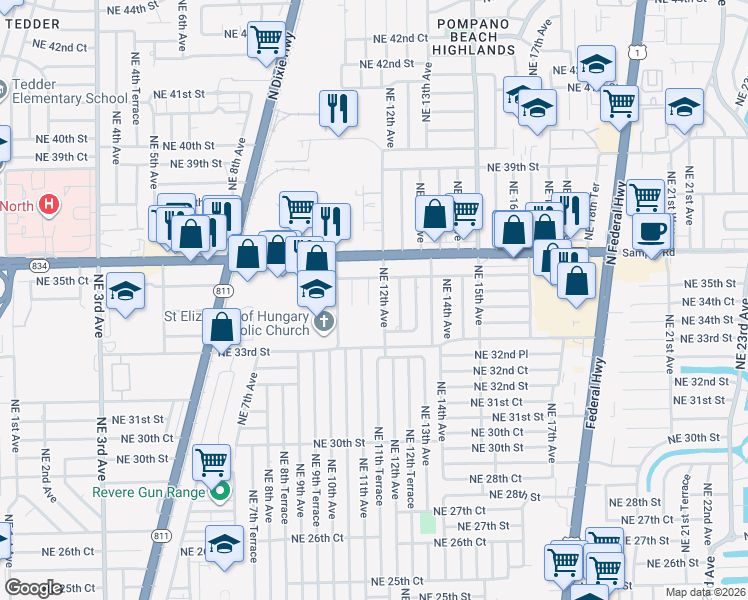 map of restaurants, bars, coffee shops, grocery stores, and more near 3420 Northeast 11th Terrace in Pompano Beach