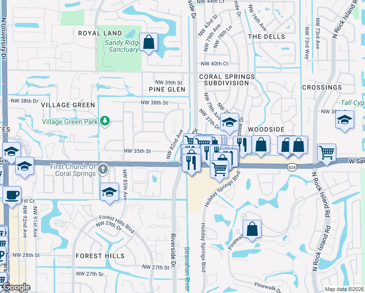 map of restaurants, bars, coffee shops, grocery stores, and more near 3505 Northwest 82nd Avenue in Coral Springs