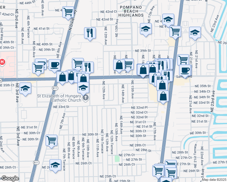 map of restaurants, bars, coffee shops, grocery stores, and more near Northeast 13th Avenue in Pompano Beach