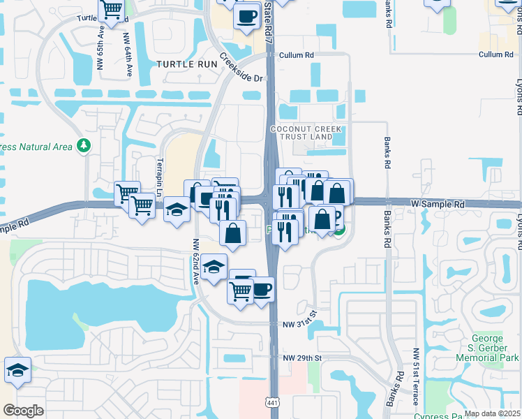 map of restaurants, bars, coffee shops, grocery stores, and more near 5718-5742 West Sample Road in Pompano Beach