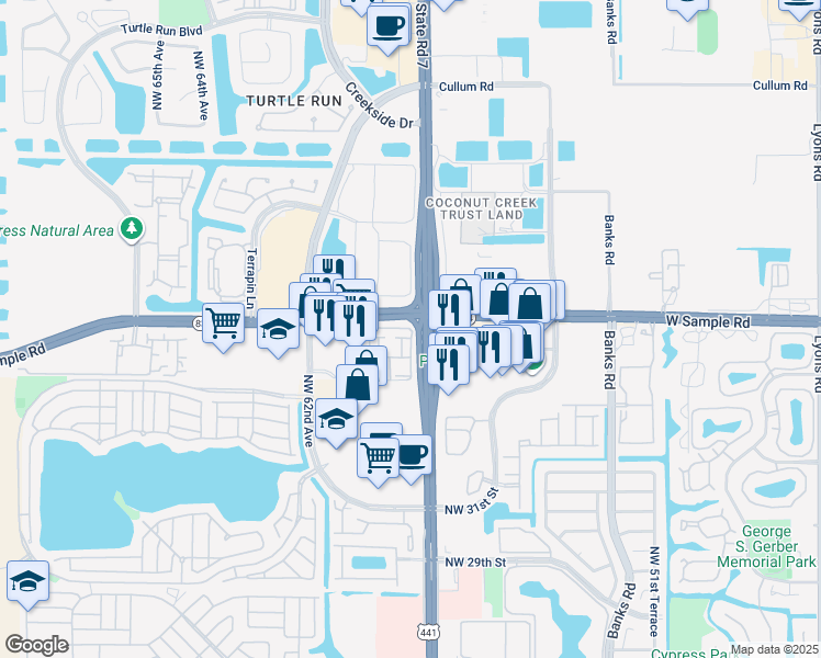 map of restaurants, bars, coffee shops, grocery stores, and more near 5718-5742 West Sample Road in Pompano Beach