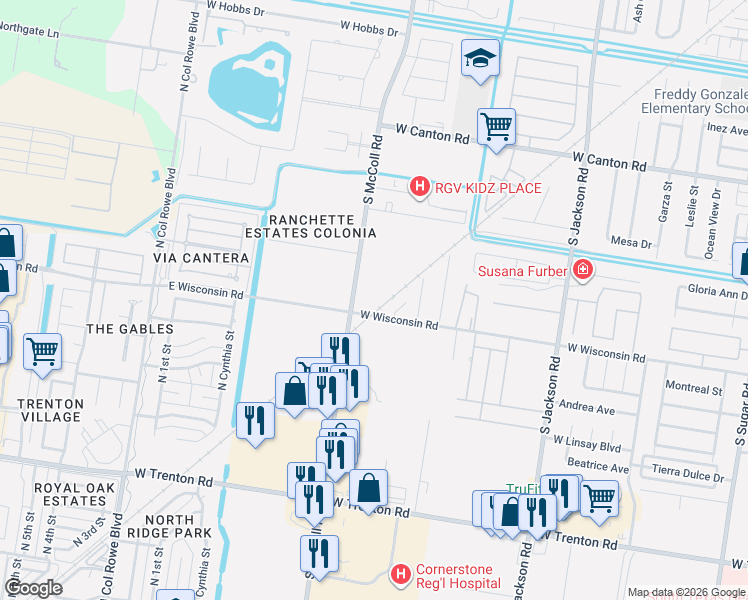 map of restaurants, bars, coffee shops, grocery stores, and more near 2818 West Wisconsin Road in Edinburg