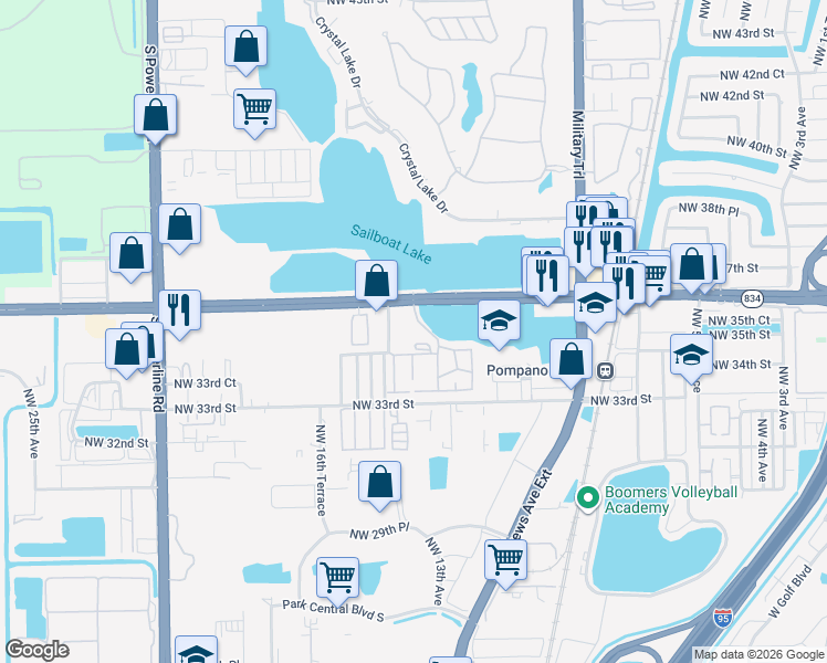 map of restaurants, bars, coffee shops, grocery stores, and more near 3450 Blue Lake Drive in Pompano Beach