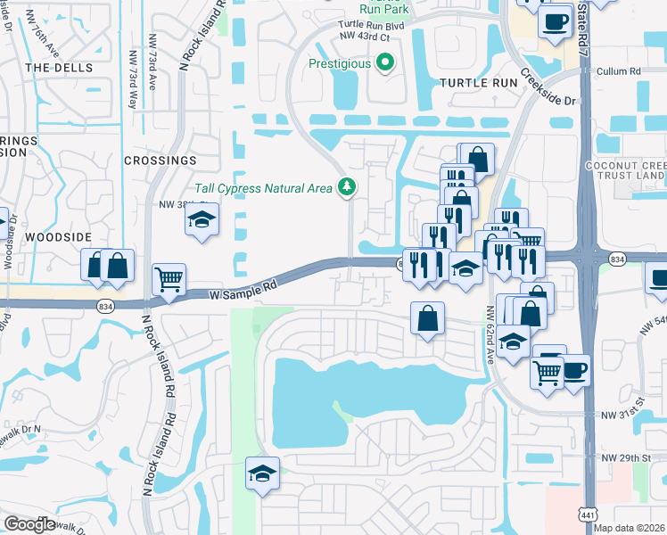 map of restaurants, bars, coffee shops, grocery stores, and more near 6384 West Sample Road in Coral Springs