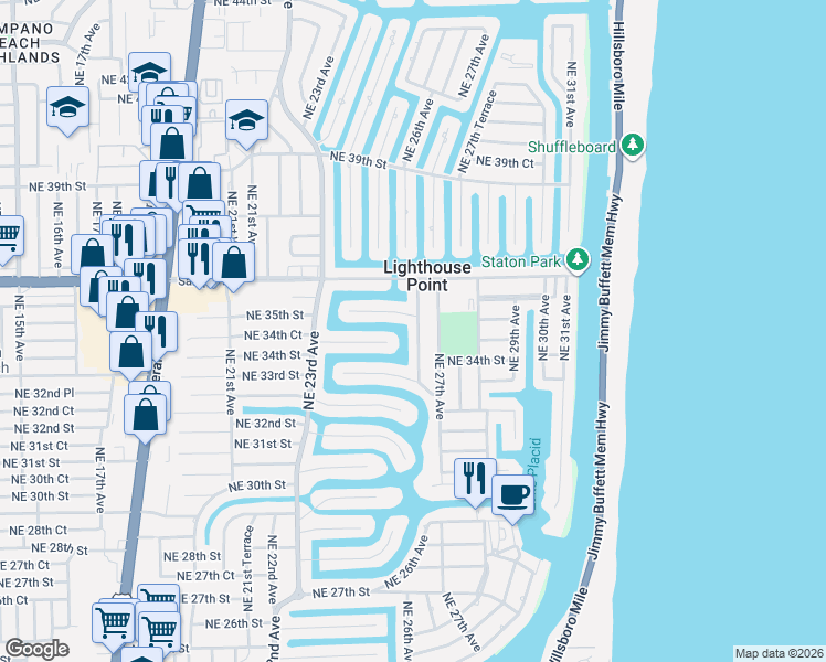 map of restaurants, bars, coffee shops, grocery stores, and more near 2550 Northeast 35th Street in Lighthouse Point