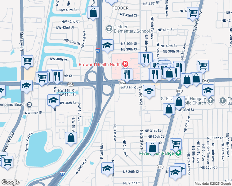 map of restaurants, bars, coffee shops, grocery stores, and more near 3511 Northeast 1st Terrace in Pompano Beach