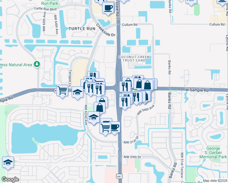 map of restaurants, bars, coffee shops, grocery stores, and more near 5718-5742 West Sample Road in Pompano Beach