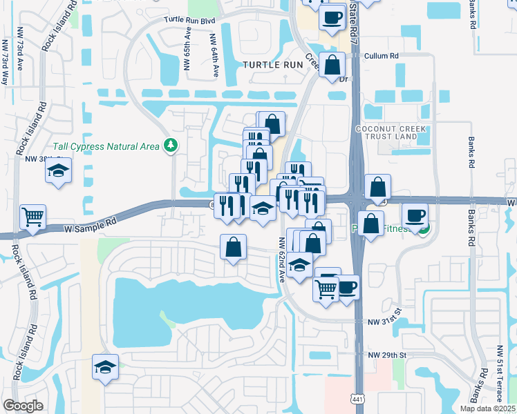 map of restaurants, bars, coffee shops, grocery stores, and more near in Coral Springs